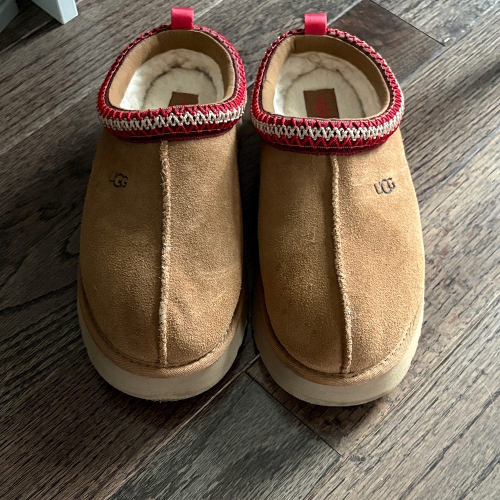 UGG Kids Tasman Brown Suede Slippers with Red Accents